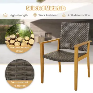 Costway Patio Dining Chairs Set of 4 Outdoor Acacia Wood & PE Wicker Chairs with Armrests