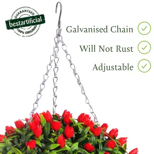 Pair of Best Artificial 28cm Red Tulip Hanging Basket Flower Topiary Ball - Suitable for Outdoor Use - Weather & Fade Resistant