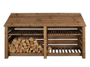 Slatted wooden log store with kindling shelf W-227cm, H-126cm, D-88cm - brown finish