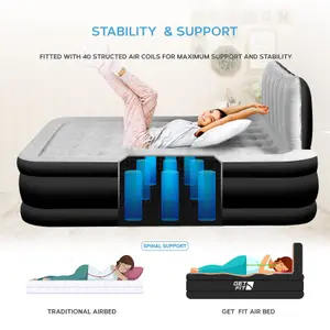 Get Fit Air Bed With Built In Electric Pump - King Quick Blow Up Airbed & 2 Inflatable Pillow - Elevated Air Mattress - Black/Grey