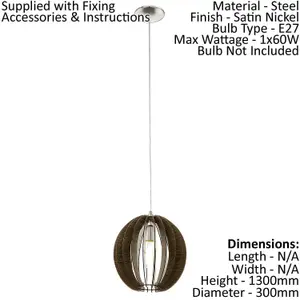 Pendant Ceiling Light Colour Satin Nickel Shade Brown Wood Bulb E27 1x60W