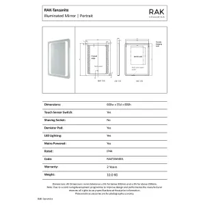 RAK Tanzanite 600x800mm Silvery White Square with Touch Sensor Illuminated Mirror IP44