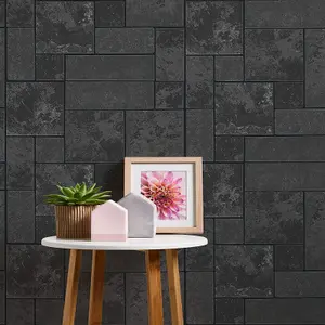 AS Creation Black Granite Glitter Tiles Slate Stone Kitchen Bathroom Wallpaper