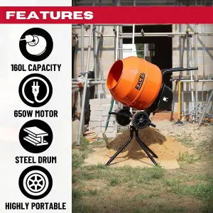 Excel 160L Portable Cement Mixer 240V/650W with Wheels - Orange