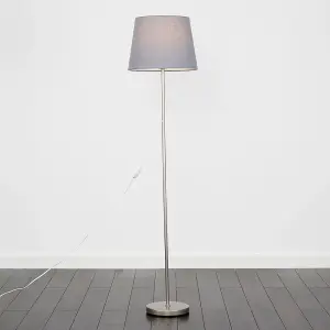 ValueLights Modern Standard Floor Lamp In Brushed Chrome Metal Finish With Grey Tapered Shade