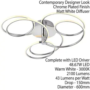 LED Semi Flush Ceiling Light 48W Warm White Chrome Infinity Hoop Strip Feature