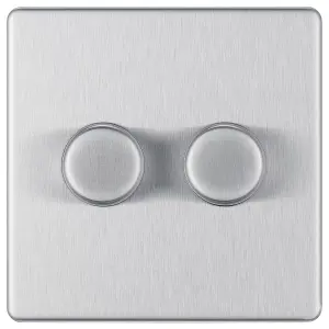 GoodHome Flat profile Double 2 way 200W Screwless Dimmer switch Silver 2 gang