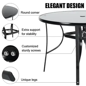 Black Round Tempered Glass Top Garden Bistro Dinging Table with Metal Frame and Umbrella Hole Outdoor 105 cm