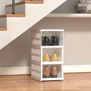 3 Tier 3 Compartment White Stackable Foldable Shoe Storage Box Unit for Home Hallway and Corner