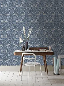 Arthouse Traditional Folk Floral Trail Denim Blue Birds Flowers Leaves Wallpaper