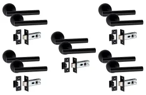 5 Set Straight T-Bar Design Door Handle On Round Rose Latch Door Handles with 2.5" Tubular Latch Matt Black Finish - GG