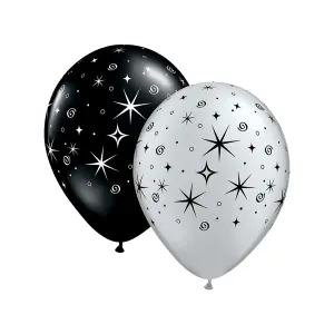 Qualatex Sparkles & Swirls Latex Round Balloons (Pack of 50) Black/Silver (One Size)