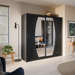 Elypse Contemporary 2 Mirrored Sliding Door Wardrobe 9 Shelves 2 Rails Black (H)2000mm (W)2000mm (D)620mm