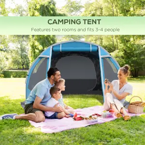 Outsunny 3-4 Persons Tunnel Tent, Two Room Camping Tent w/ Windows, Blue