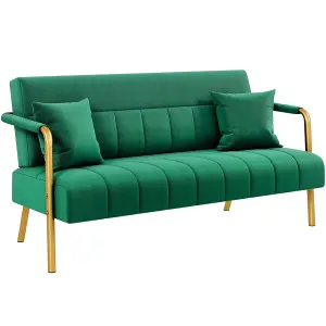 Yaheetech Green Upholstered Sofa Couch with Gold-tone Metal Legs and 2 Pillows