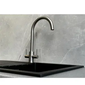 Liquida AD395BS Swan Neck Twin Lever Kitchen Mixer Tap In Brushed Steel