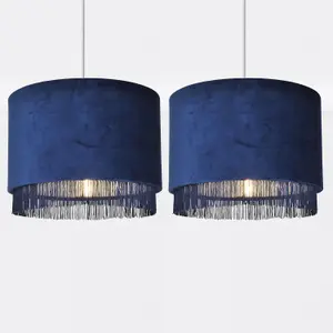 First Choice Lighting Set of 2 Navy Velvet With Chrome Inner Tassled Light Shades