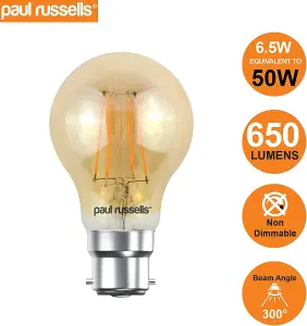 paul russells LED Filament GLS Bulb, 6.5W 650 Lumens, 50w Equivalent, 2200K Extra Warm White Amber, Pack of 10