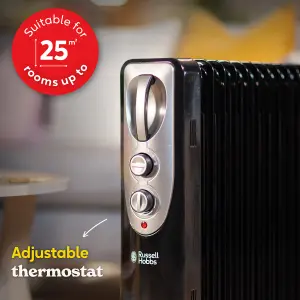 Russell Hobbs Electric Heater 2500W Black 11 Fin Oil Filled Radiator with 2 Year Guarantee RHOFR1106B