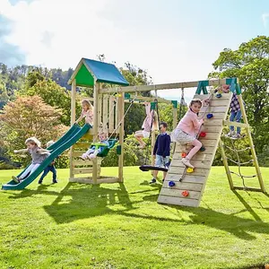 Rebo Wooden Climbing Frame with Swings, Slide, Up & over Climbing wall and Monkey Bars - Carpathian