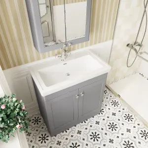 Traditional Floor Standing 2 Door Vanity Unit with 1 Tap Hole Fireclay Basin, 800mm - Satin Grey