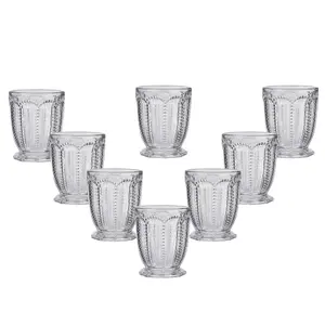 Set of 8 Vintage Luxury Clear Embossed Short Drinking Glass Whiskey Glass Tumblers 340ml