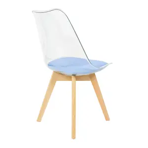 Soho Clear and Blue Plastic Dining Chair with Squared Light Wood Legs