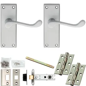 Door Handle & Latch Pack - Satin Chrome - Victorian Scroll Lever On Backplate