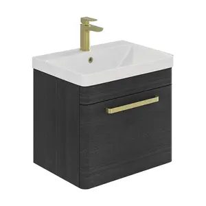 Emery Textured Black Wall Hung Bathroom Vanity Unit & Basin Set with Gold Handles (W)50cm (H)46cm