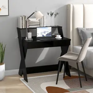 Costway Wooden Computer Desk Home Office Writing Desk with Monitor Stand Riser X-shaped Black