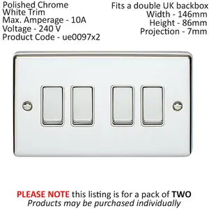 2 PACK 4 Gang Metal Quad Light Switch POLISHED CHROME 2 Way 10A White Trim