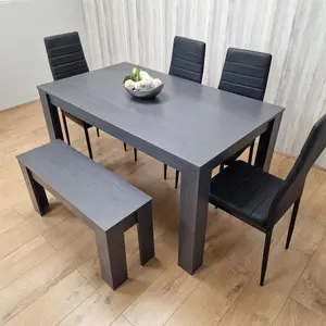 Dining Table and 4 Chairs With a Bench  Black Dark Grey 4 Black Leather Chairs 1 Grey Bench Wood Dining Set Furniture