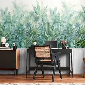 Tropical Plants and Wood Slats 2 in 1 Vinyl Wallpaper White AS Creation 39810-1