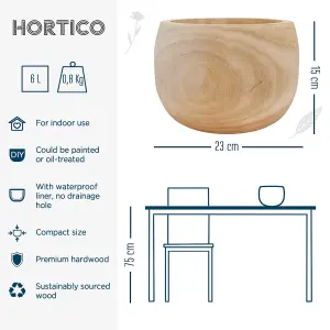 HORTICO™ Indoor Plant Pot, (Dia) 23cm ECO Round Wooden Planter for House Plants with Waterproof Liner D23 H15 cm, 2.6L