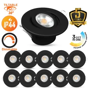 paul russells Set of 10 LED Downlight Black Dimmable Tilt Recessed Ceiling SpotLight 6W 520 Lumens, IP44, Colour Changeable CCT3