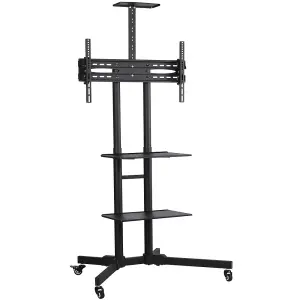 Yaheetech Black Height Adjustable Mobile TV Stand with Lockable Wheels and Storage Shelves