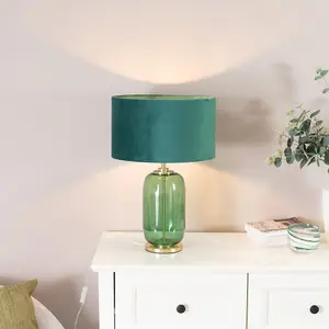 ValueLights Leigh Forest Green Glass and Gold Detail Table Lamp with Velvet Drum Shade