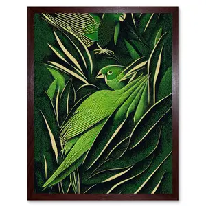 Vintage Retro Abstract Jungle Leaves Parrots - Print Brown Framed Unframed / 43cm H x 33cm W x 2cm D