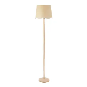 ValueLights Triston Natural Light Wood Stem Floor Lamp with Scallop White Trim Tapered Shade and LED Bulb