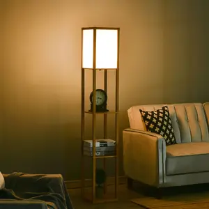 HOMCOM Floor Lamp Reading Lamp with 3-Tier Storage Shelf for Home Office Natural