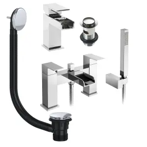 Chrome Waterfall Basin & Bath Shower Mixer Tap Pack Including Bath Waste