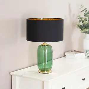 ValueLights Leigh Forest Green Glass and Gold Detail Table Lamp with Black/Gold Shade Light - LED Bulb Included