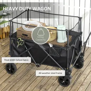 Outsunny 180L Folding Garden Trolley Wagon Cart w/ Extendable Side Walls, Black