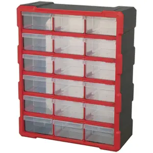 Durable 18 Drawer Parts Cabinet in Red - Wall Mounted or Freestanding Storage Solution