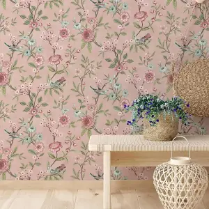 Fine Decor Eleanor Floral Birds Pink Wallpaper Flowers Botanical Feature Wall