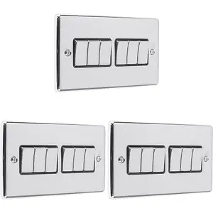 3 PACK 6 Gang Multi Light Switch POLISHED CHROME & BLACK 2 Way 10A Metal Rocker