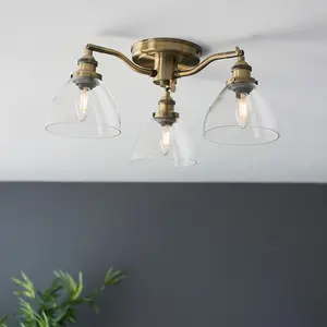 Luminosa Hansen Multi Arm Glass Semi Flush Ceiling Lamp, Antique Brass Plate, Glass