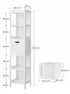 VASAGLE Tall Bathroom Cabinet With Feet And Slim Column With 2 Drawers And 3 Open Compartments, 30 X 30 X 141.5 Cm, White