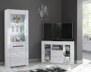 Furneo High Gloss & Matt White Living Room Set Corner TV Stand Display Cabinet White LED Lights