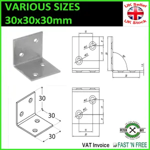 Galvanised Corner Brace 90 Degree Angle Bracket Joist Timber Mending 30x30x30mm (1.2x1.2x1.2")- Holes: 4.5 mm - Pack of: 1 pc